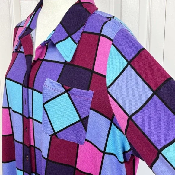 Denim & Co. Bold Colorful Check Print Knit Button Down Tunic Shirt 1X - Picture 7 of 16